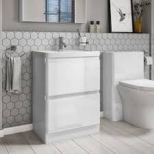 Bathroom an elegant bathroom arrangement with a free standing bathtub made of top quality, white ceramics. 600mm White Freestanding Vanity Unit With Basin Portland Better Bathrooms