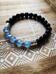 Bracelet Elastic Man Black Blue Silver Onyx Stone Chalcedony Natural Gift Boho Boho Made With Love Mens Bracelet Silver Mens Beaded Bracelets Bracelets For Men