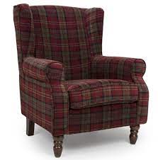 Classic leather chair and tartan throws perfect for reading a book and drinking hot chocolate #sainsburys #autumndreamhome. Shetland Claret Red Tartan Fabric Wing Back Arm Chair