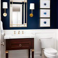 Furniture, girls bedding, boys bedding, rugs + windows 75 Beautiful Powder Room With Blue Walls Pictures Ideas July 2021 Houzz