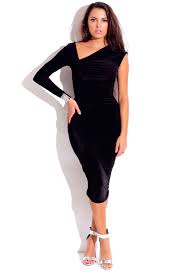 Shall We Dance Trendy Cute Midnight Black Asymmetrical Ruched Bejeweled Long Sleeve Fitted Par Midi Dress Party Midi Dress With Sleeves Bandage Dress Bodycon