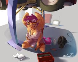 482163 - adult, anthro, artist:siden, breasts, busty scootaloo, car,  cleavage, derpibooru import, feet, female, mechanic, older, plantigrade  anthro, scootaloo, solo, solo female, suggestive - Twibooru