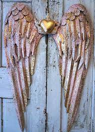 Pink Metal Angel Wings Gold Heart Wall Hanging Large Rusty Distressed Shabby Cottage Chic Ornate Wing Set Accented White Decor Anita Spero Angel Wings Wall Decor Angel Wings Art Angel Wings