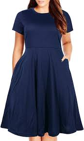Nemidor Women S Round Neck Summer Casual Plus Size Fit And Flare Midi Dress With Pocket Navy 20w Casual Work Dresses Plus Size Fall Outfit Plus Size Outfits