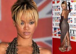 The hairstyle is short and there are some waves on the top. New Rihanna Blonde Short Hair