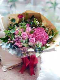Pink Roses Hydrangea Hypericum Lace Hypericum Flowers Hk1200 Gift Bouquet Valentine Bouquet Pink Roses