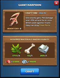 Nov 03, 2021 · the hunter's lodge is used to craft 5* battle items using titan parts, which drop from a defeated or escaped titan as rewards after using giant harpoons. Harpoon Crafting Costs Escalates Gameplay Help Tactics Empires Puzzles Community Forum
