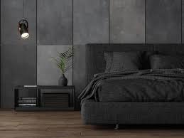 Two monochromatic prints stand out above glowing curve. Dark Bedroom Interior How To Decorate Qcn