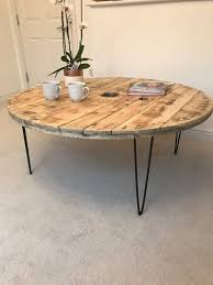 Reclaimed Industrial Round Spool Coffee Table Garden Table With 50cm Hairpin Legs 1000 In 2020 Coffee Table Rustic Industrial Coffee Table Table