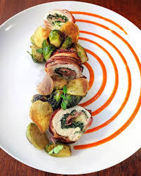 Tbt Bacon Wrapped Chicken Roulade Stuffed With Provolone Prosciutto And Spinach Crispy Yukon Chips Bru Gourmet Food Plating Food Plating Food Presentation