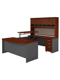 These desks have been used in an office setting, and have experienced normal wear & tear. Bush Business Furniture Components 72 W 3 Position Sit To Stand Bow Front U Shaped Desk With Hutch And Mobile File Cabinet Hansen Cherrygraphite Gray Premium Installation Office Depot
