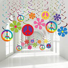 Use tie and dye table linen or as throws around the room. Buy 60 S Hippie Theme Party Foil Swirl Decorations 60s Groovy Party Retro Flower Cutouts Peace Sign Hanging Swirls Ceiling Decorations For 60s Hippie Theme Groovy Party Woodstock Party Supplies 30 Count Online