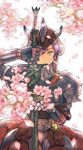 Beautiful Anime Artwork Combining Sakura Japan And Medieval Culture Anime Animear Monster Hunter Art Monster Hunter World Wallpaper Monster Hunter Series