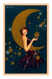 Art Deco Woman With Moon And Stars Moon Art Art Deco Illustration Moon Art Print