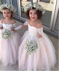 Long Sleeves Flower Girl Dresses Pink Appliqued Lace Tulle Vintage Child Pageant Dresses Beautiful Princess Country Wedding Dresses Flower Girl Dresses For Wedd Blush Flower Girl Dresses Flower Girl Dresses Tulle