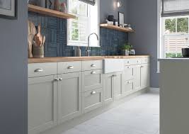 Frontal type shaker style door with a bevelled edge on the stile and rail. Dawson Super Matte Light Grey Fitted Kitchen Avanti West Midlands