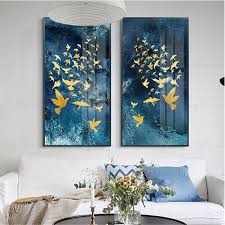 Gold Leaf Abstract Painting Canvas Wall Art Pictures For Living Room Home Hallway Wall Decor Original Acrylic Gold Birds Blue Texture Decor Wall Art Pictures Abstract Canvas Painting Wall Canvas