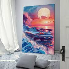 Sunset Great Waves Cool Jdm Sport Car Drifting R34 Car Posters for Bedroom  Car Wall Decor for Mens Room Decor Aesthetic Canvas Wall Art Prints ...