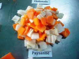 Julienne (match stick cuts) macedoine (large dice) jardiniere is a french cooking term meaning to cut a vegetable into thickish batons. Paysanne Conservas