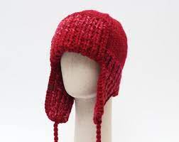 Red Trapper Hat Unisex Ear Flap Hat Knitted Chunky Winter Hat Mens Trapper Hat Ear Flap Hat For Men Handmade Knitting Ear Flap Hats Chunky Winter Hat