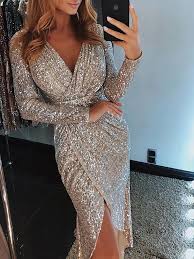 Wrap Ruched Irregular Sequin Party Dresses Long Sleeve Plunge Dress Sequin Party Dress Slim Bodycon Dress