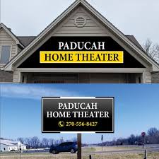 First of all the house colors and logo colors aren't a good match. Simple Gable Sign For Paducah Home Theater Signage Contest 99designs