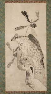 hawk on oak tree 曾我二直庵筆 柏に鷹図 一幅 紙本墨画 江戸時代 17世紀 artist soga nichokuan approx 1625 1675 approx 1630 1650 edo period 1615 1868 art birds eagles