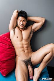 Image of realistic manly 30 years old japanese man naked, solo, at bed  showing his full body perfect hairy body and perfect face with sexy smirk  -spicy.porn