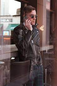 Men S Black Leather Biker Jacket White Dress Shirt Navy And Green Plaid Dress Pants Dark Brown Sunglasses Green Plaid Dress Black Leather Biker Jacket Plaid Dress Pants