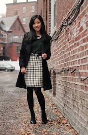 Black And White Plaid Blazer And Skirt Checkered A Line Skirt Long Black Formal Coat Black And White Plaid Pencil Skirt Black Tights Black Heele Professional Outfits Work Fashion Professional Attire