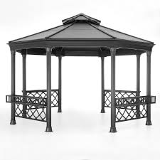 Sunjoy Stockton 14 Ft X 13 Ft Black Steel Gazebo 110102032 The Home Depot Hexagon Gazebo Steel Gazebo Outdoor Gazebos