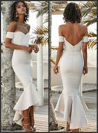 Mermaid Off The Shoulder Short Sleeves High Low White Bridesmaid Dress Midi Bridesmaid Dress White Wedding Guest Dresses Cocktail Dress Wedding