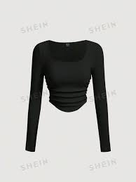 Shein Black Top Spring Date Night Tops Square Neck Ruched Curved Hem Tee,Xs