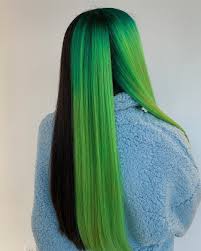 Half Split Dyed Hair Black And Blue Offset I Love When Clients Bring Me Color Inspiration From My Own Work She Requested A Split Neon Green From My Previ Hair Styles Split Dyed Hair Green Hair