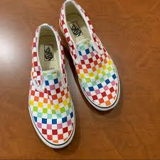 Black And Rainbow Checkered Vans Slip Ons Vans Shoes Vans Rainbow Checkered Slip On Shoes Mens Sz 11 5 Color Red Yellow Size 11 5 In 2020 Slip On Shoes On Shoes Slip On