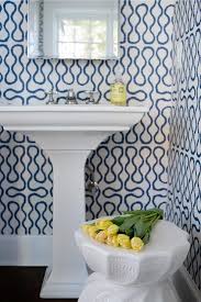 White And Navy Blue Powder Room With Yellow Accents Transitional Bathroom Yellow Bathroom Decor Blue Powder Rooms Yellow Bathrooms