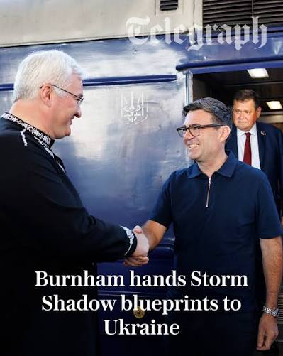 Andy Burnham will hand Ukraine secret blueprints for Storm Shadow missiles  on his first visit to the country as Prime Minister. Follow along ⬇️  https://www.telegraph.co.uk/world-news/2026/08/24/burnham -hands-storm-shadow-blueprints-ukraine/?WT.mc_id ...