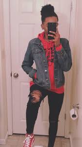 Jean Jacket Over Sweatshirt Black Ripped Jeans And Red High Top Vans Outfit Women Jean Jac In 2020 Black Ripped Jeans Outfit High Top Vans Outfit Black Ripped Jeans