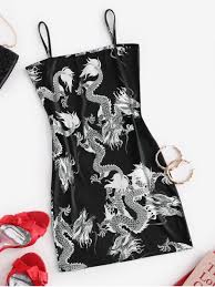 Dragon Print Oriental Cami Mini Dress Black Day Sky Blue Red In 2020 Mini Cami Dress Dragon Print Mini Dress