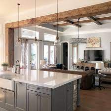 Beautiful kitchen with exposed roof beams. Exposed Wood Beams Made To Order Open Kitchen And Living Room Living Room Kitchen Home Kitchens