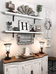 White Shelves Distressed With Rustic Steel Brackets Cottage Farmhouse Decor Living Room Shelves Shelf Decor Living Room Farmhouse Dining Rooms Decor