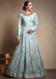 Our designer party wear suit collection is full with vivacious and fabulous designs. Powder Blue Anarkali Gown Embellished In Floral Print And Embroidered Neckline Only On Kalki