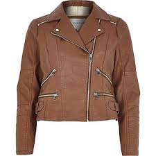 River Island Womens Brown Leather Look Zip Biker Jacket Biker Jacket Jackets Winter Jackets Women