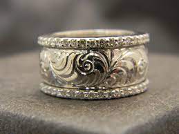 8mm 14k White Gold Hand Engraved Ring With Fancy Scroll Engraving And 2 25ct Diamond Bands Set In 14k Wh Cowboy Jewelry Engraved Jewelry Hand Engraved Rings