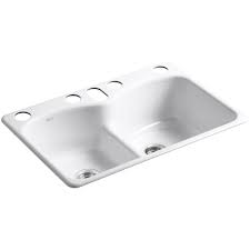 No modifications to cabinet or countertop. Kohler Langlade Smart Divide Undermount Cast Iron 33 In 6 Hole Double Bowl Kitchen Sink In White K 6626 6u 0 The Home Depot