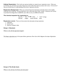 Cellular Respiration Work With Your Group Members To Research