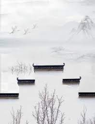 中国风江南风水墨画水墨山水画古建筑群山白鹤中国风书封面江南山水画国风水墨 outdoor architecture snow