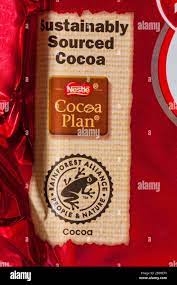 Sustainably Sourced Cocoa Nestle Cocoa Plan Rainforest Alliance People Nature Symbol Logo Detail On Packet Of Nestle Honeycomb Kitkat Stock Photo Alamy