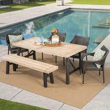 Noble House Coleman 6 Piece Wood And Wicker Outdoor Dining Set With Stacking Chairs And Bench 24297 The Home Depot Outdoor Dining Set Patio Dining Furniture Patio Dining Set