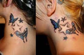 Butterfly And Stars Neck Tattoo Neck Tattoo Women Female More Neck Tattoos Women Butterfly Neck Tattoo Neck Tattoo